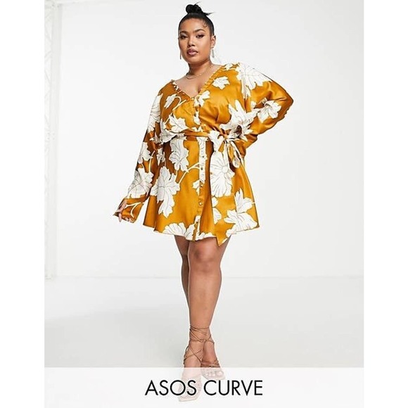 ASOS Dresses & Skirts - ASOS Design NWT Curve Satin Batwing Floral Print Mini Dress Tan Beige Size 18